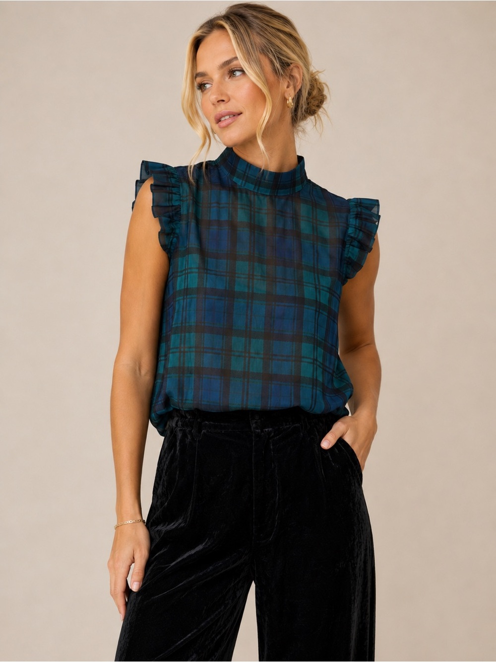 LOFT Black Watch Plaid Sheer Ruffle Bow Blouse – Small